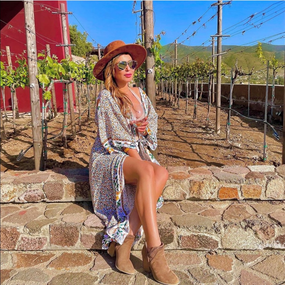 Floral Maxi Swim Coverup Kimono in Cream and Tan - Picture 2 of 7